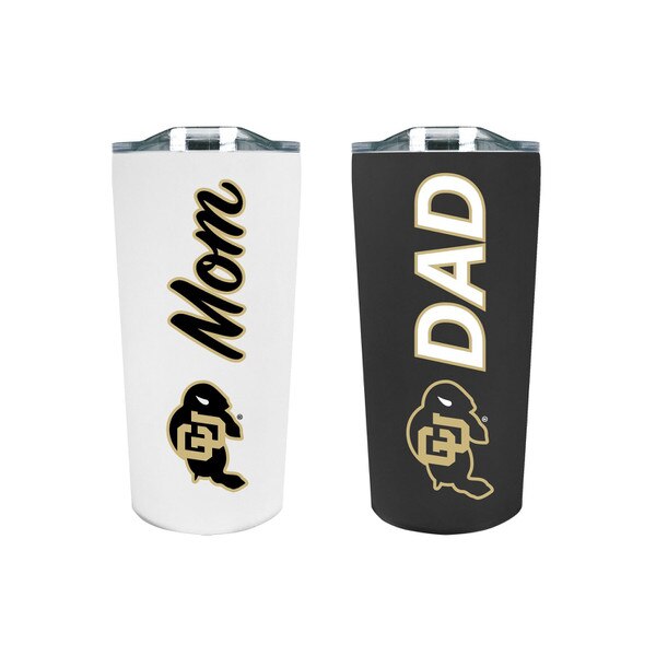 Two eighteen ounce tumblers. The white one has "Mom" written in black cursive with gold outlining. The black one says "Dad" in standard white font with gold outlining. Both have the CU Buffalo logo.